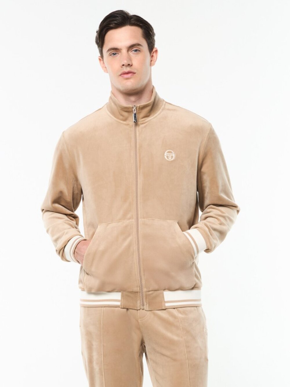 Sergio Tacchini Viaggioa Track Jacket Humus Tan Velour Full Zip XL Tennis EUC